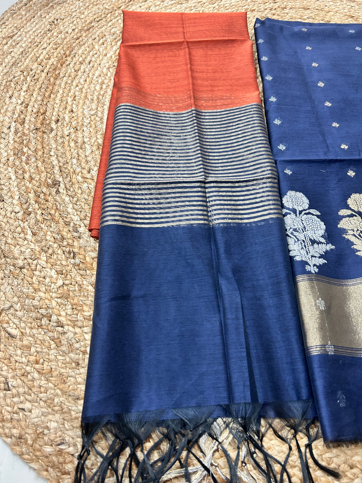 Navy Blue and Rust Orange Cotton Silk  Banarasi 3-Piece Suit Material