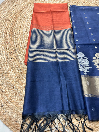 Navy Blue and Rust Orange Cotton Silk  Banarasi 3-Piece Suit Material