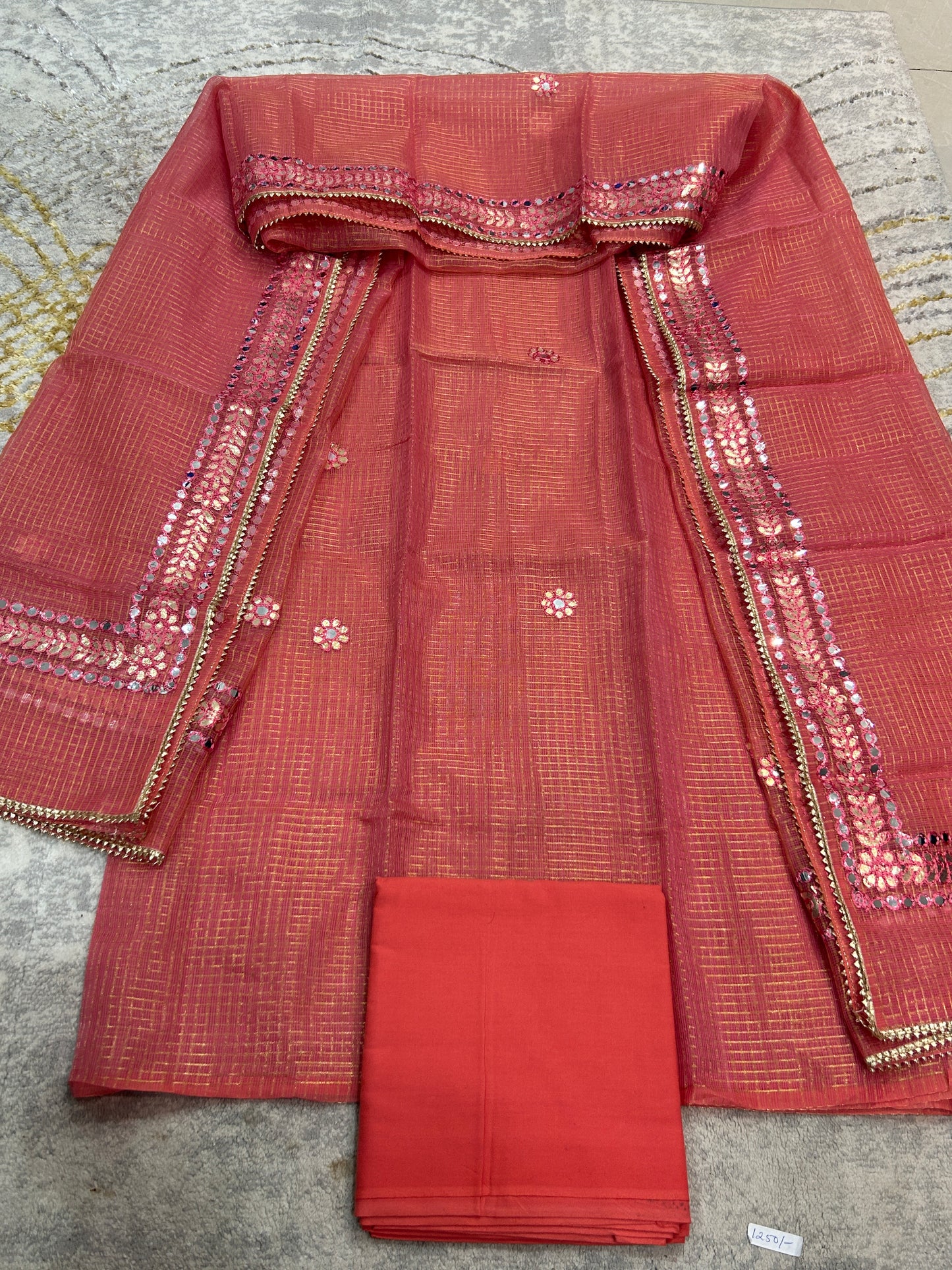 Carrot red  Kota Doria  with Gotapatti 3 piece unstitched Dress Material