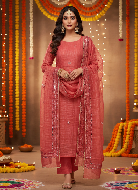 Carrot red  Kota Doria  with Gotapatti 3 piece unstitched Dress Material