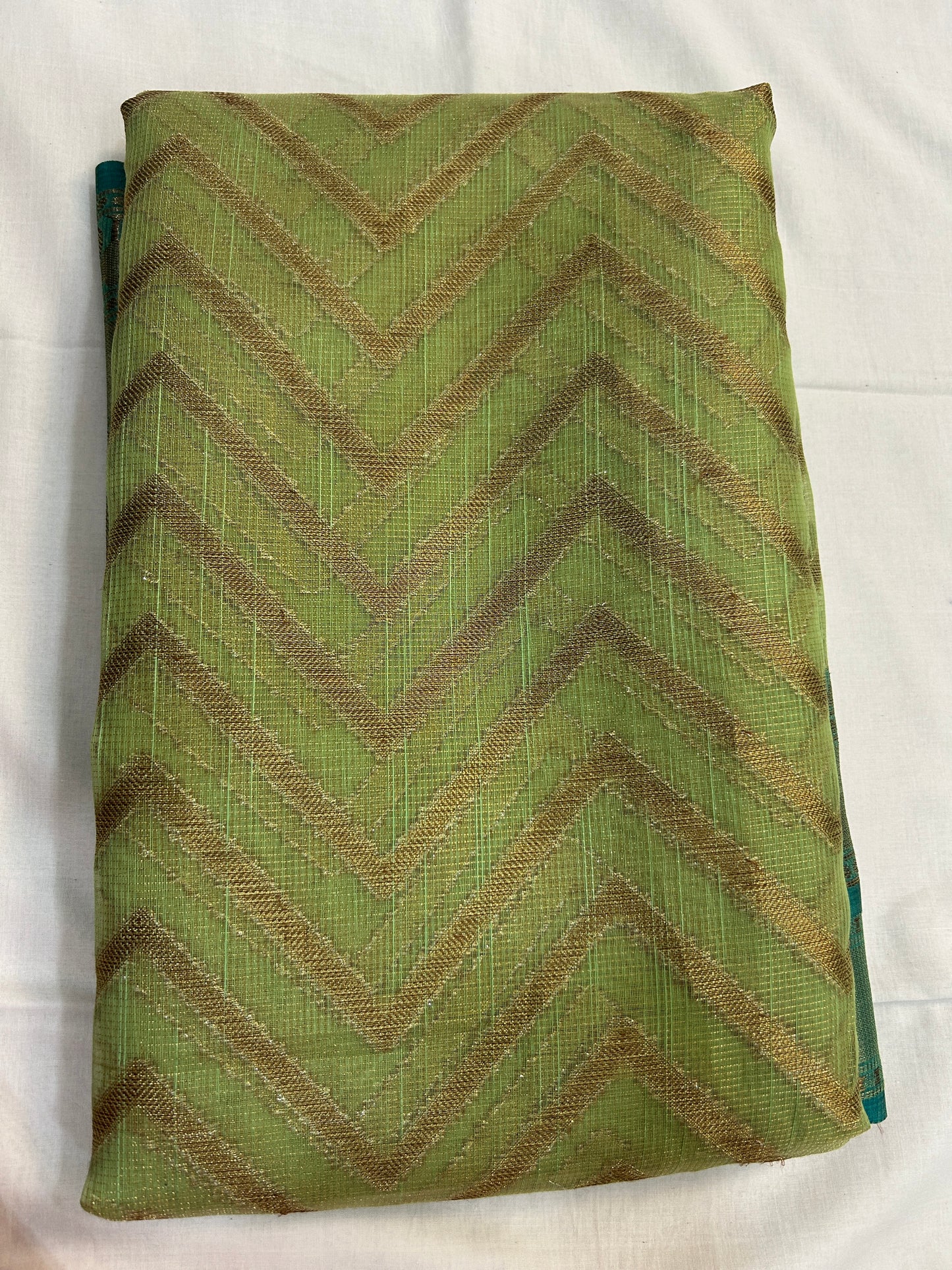 Pista Green with Teal Border & Antique Gold Zari Linen Tissue Banarasi saree with Brocade blouse piece