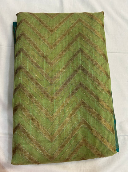 Pista Green with Teal Border & Antique Gold Zari Linen Tissue Banarasi saree with Brocade blouse piece