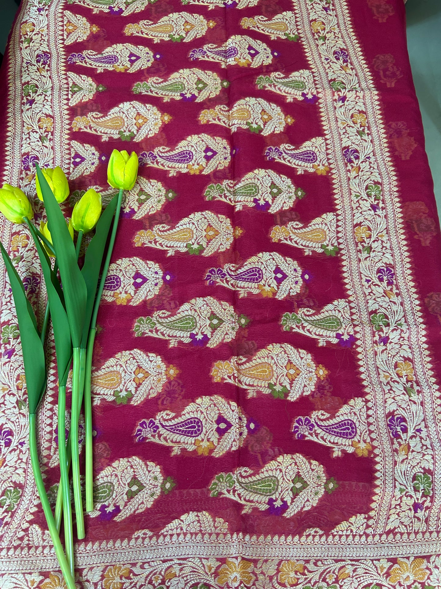 Authentic Handloom Pure Khaddi Georgette Banarasi Saree – Rani Pink with Meenakari Weaving