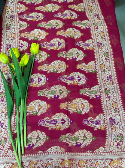 Authentic Handloom Pure Khaddi Georgette Banarasi Saree – Rani Pink with Meenakari Weaving