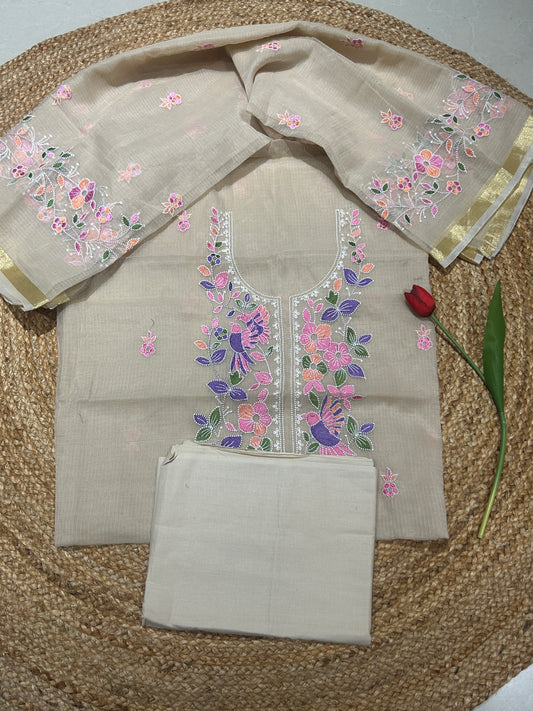 Soft Biscuit Beige Embroidered Mix Cotton Kota Doria 3-Piece Unstitched Suit Set