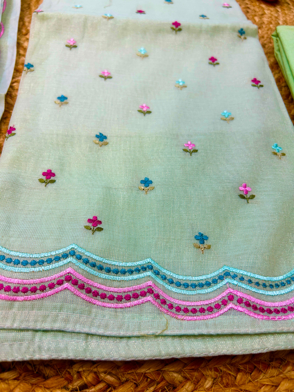 Pastel Green Pure Mul Tissue Parsi Embroidery Dress Material