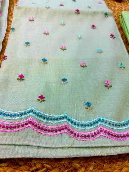 Pastel Green Pure Mul Tissue Parsi Embroidery Dress Material