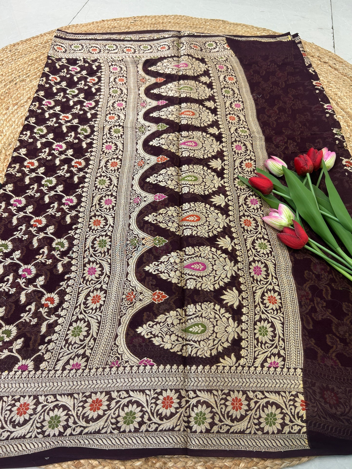 Authentic Handloom Deep Plum Floral Pure Georgette Khaddi weaving Saree