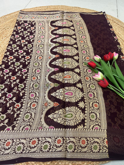 Authentic Handloom Deep Plum Floral Pure Georgette Khaddi weaving Saree