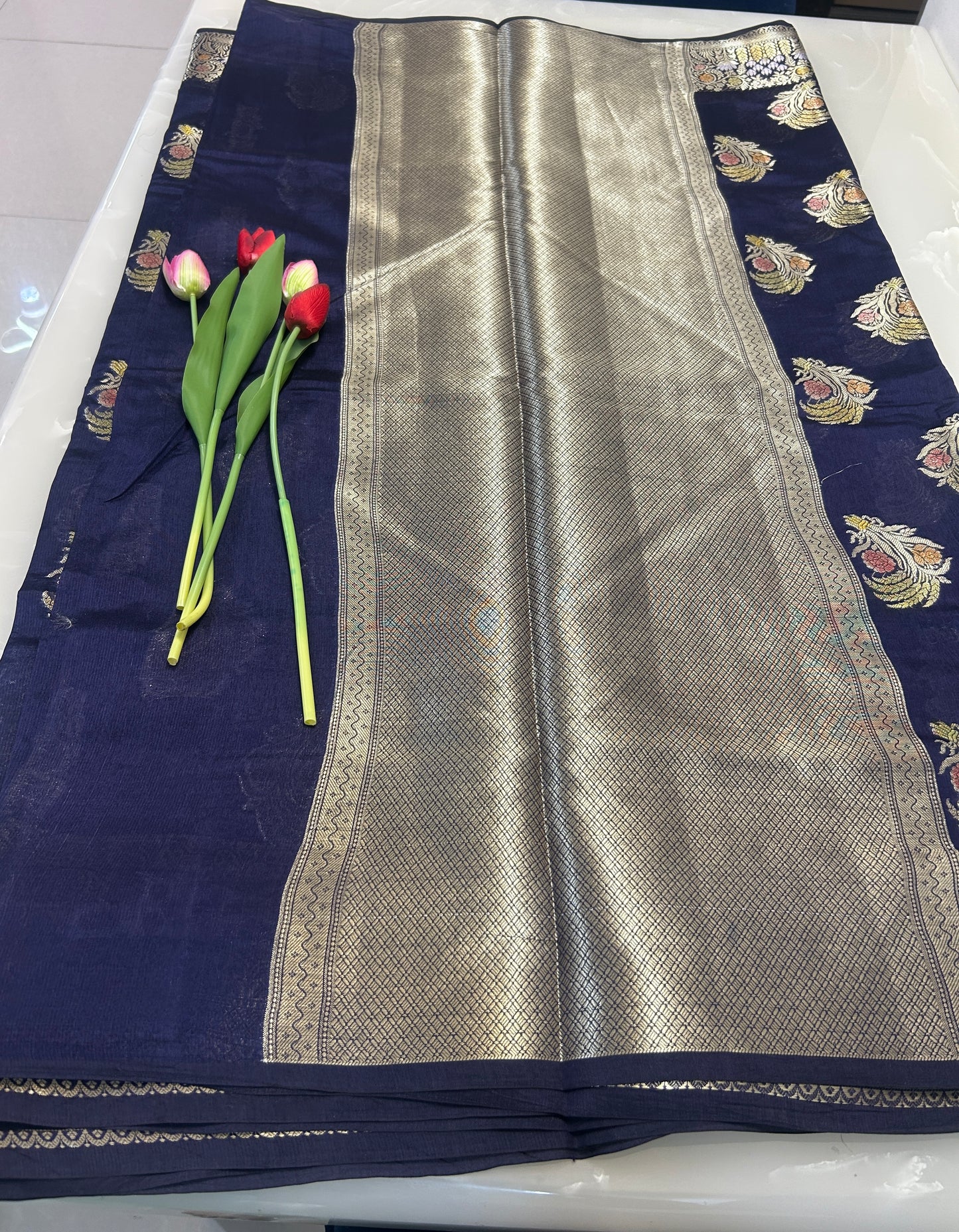 Navy Blue color Dupion Silk Handloom Banarasi Saree