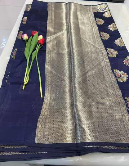Navy Blue color Dupion Silk Handloom Banarasi Saree