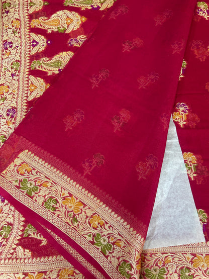 Authentic Handloom Pure Khaddi Georgette Banarasi Saree – Rani Pink with Meenakari Weaving