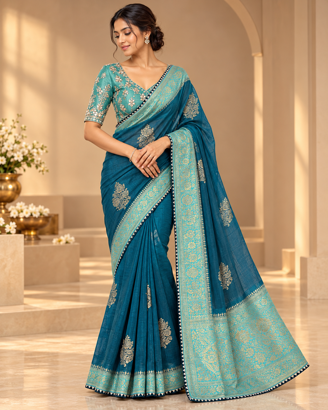 Deep Teal and Sea Green Semi Silk brocade   designer party wear Saree with  Sea Green color heavy handwork designer ready made blouse  - SPW176