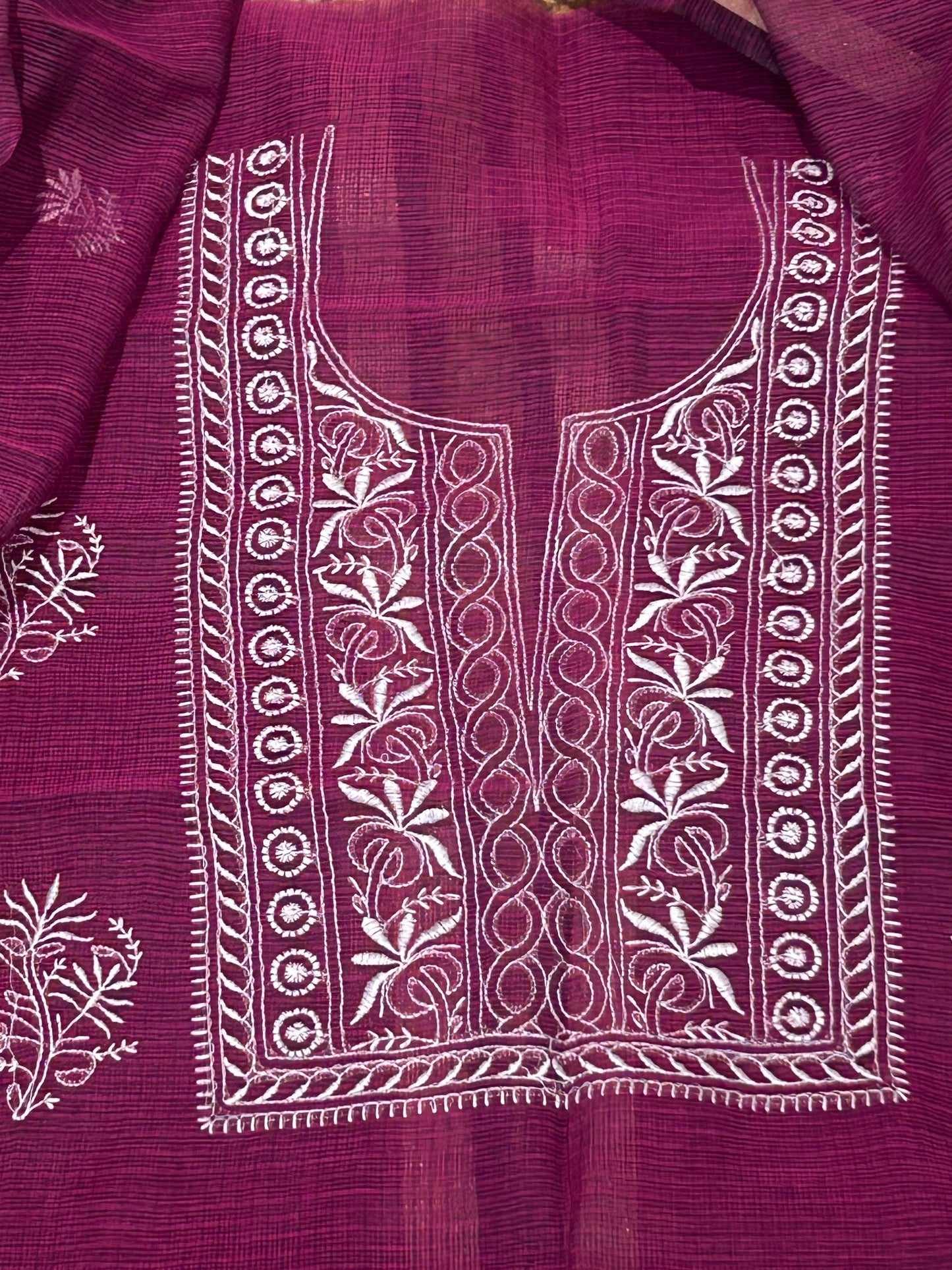 Wine Mixed Cotton Kota Doria Unstitched Suit Set