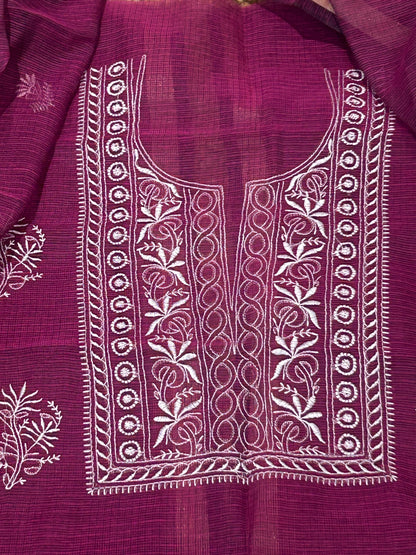 Wine Mixed Cotton Kota Doria Unstitched Suit Set