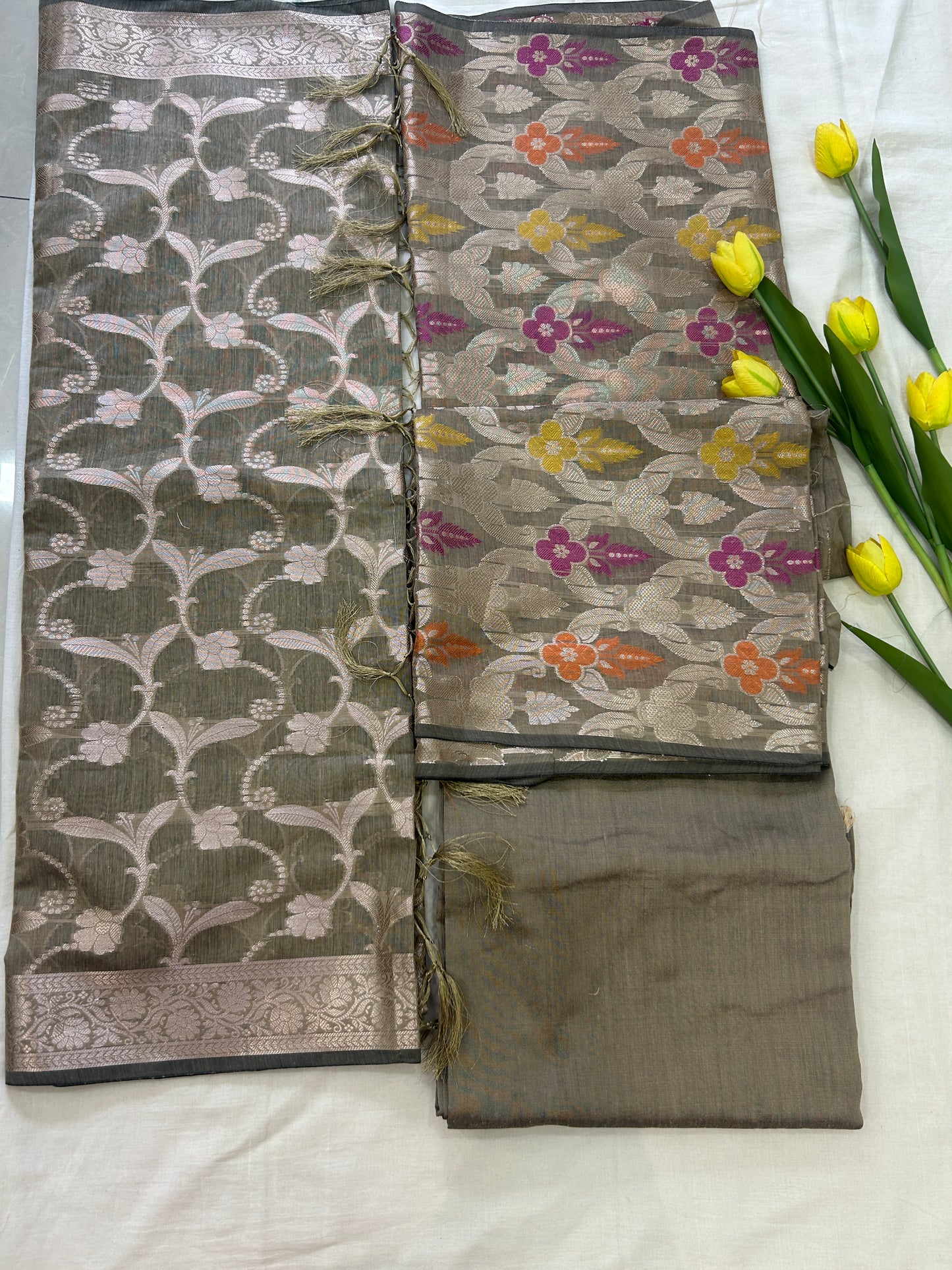 Dusty Grey Cotton double Zari Banarasi 3 piece set