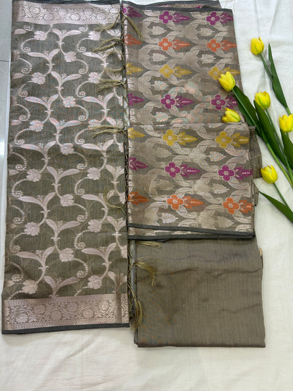 Dusty Grey Cotton double Zari Banarasi 3 piece set