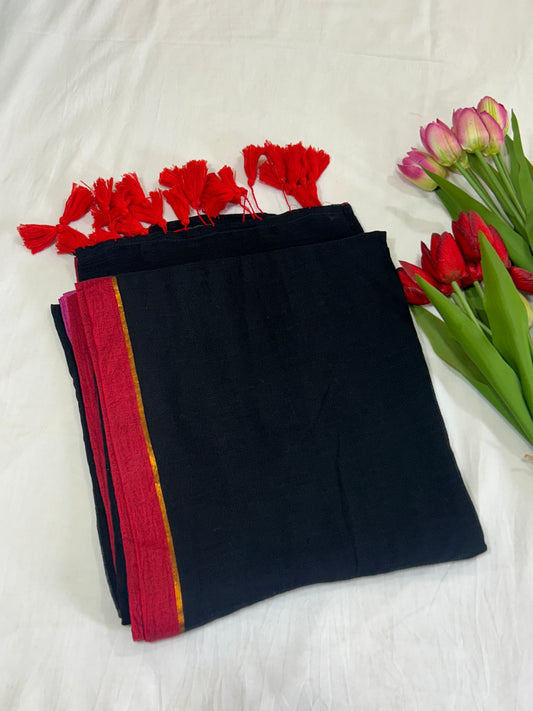 Black Mulcotton saree with red and pink border with golden stripe  SMC237
