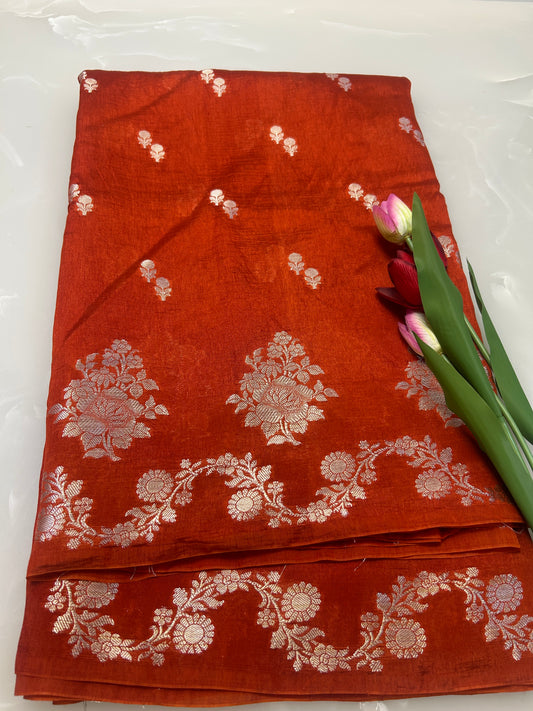 Rust Orange color boarderless  Dupion Silk Handloom Banarasi Saree