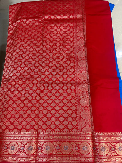Teal Green Katan Semi Silk Banarasi Saree with Contrast Red Brocade Pallu and Blouse Piece SSB224