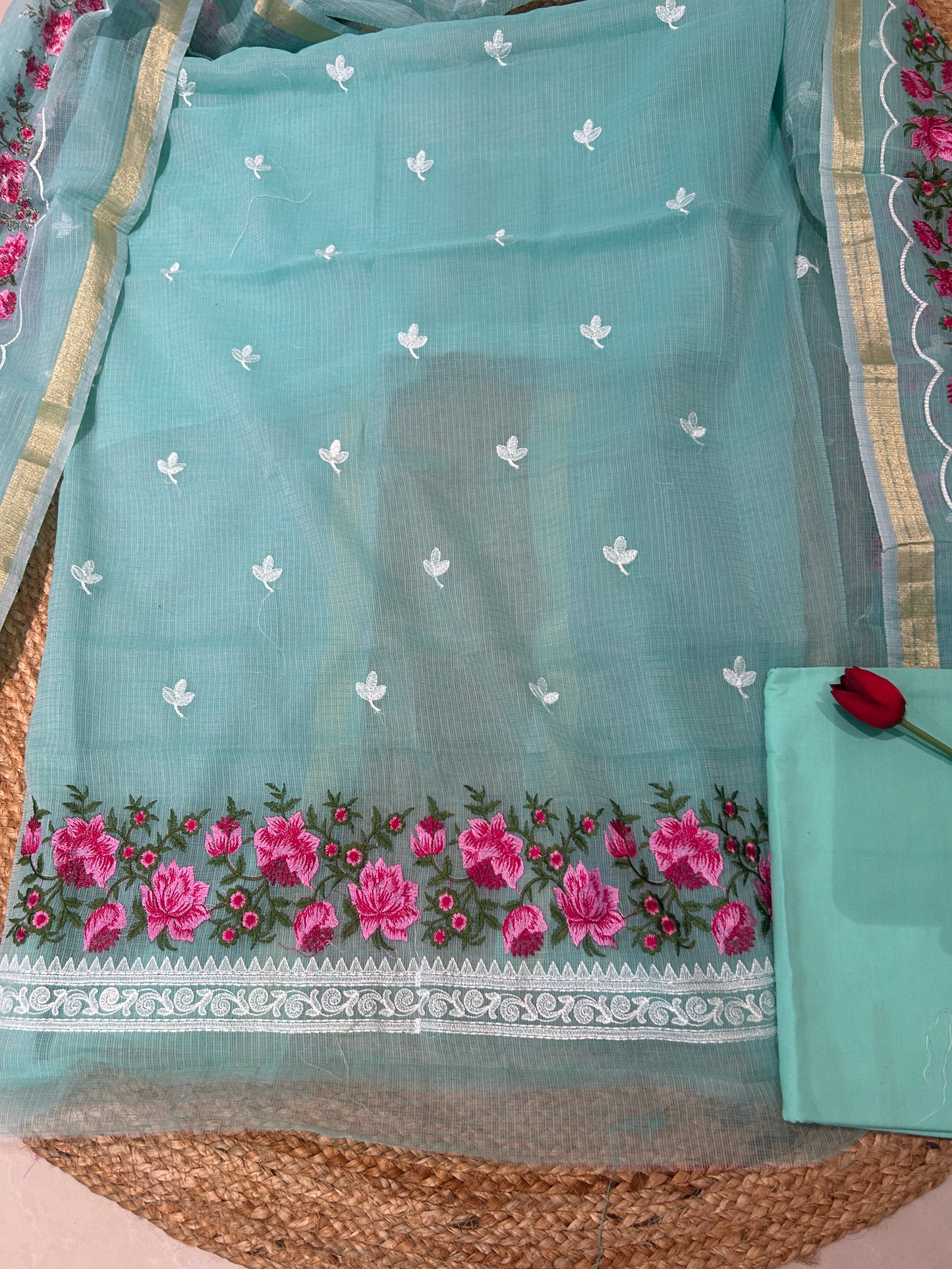 Aqua Blue Floral Embroidered Mix-Cotton Unstitched Suit Set