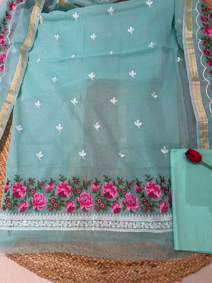 Aqua Blue Floral Embroidered Mix-Cotton Unstitched Suit Set
