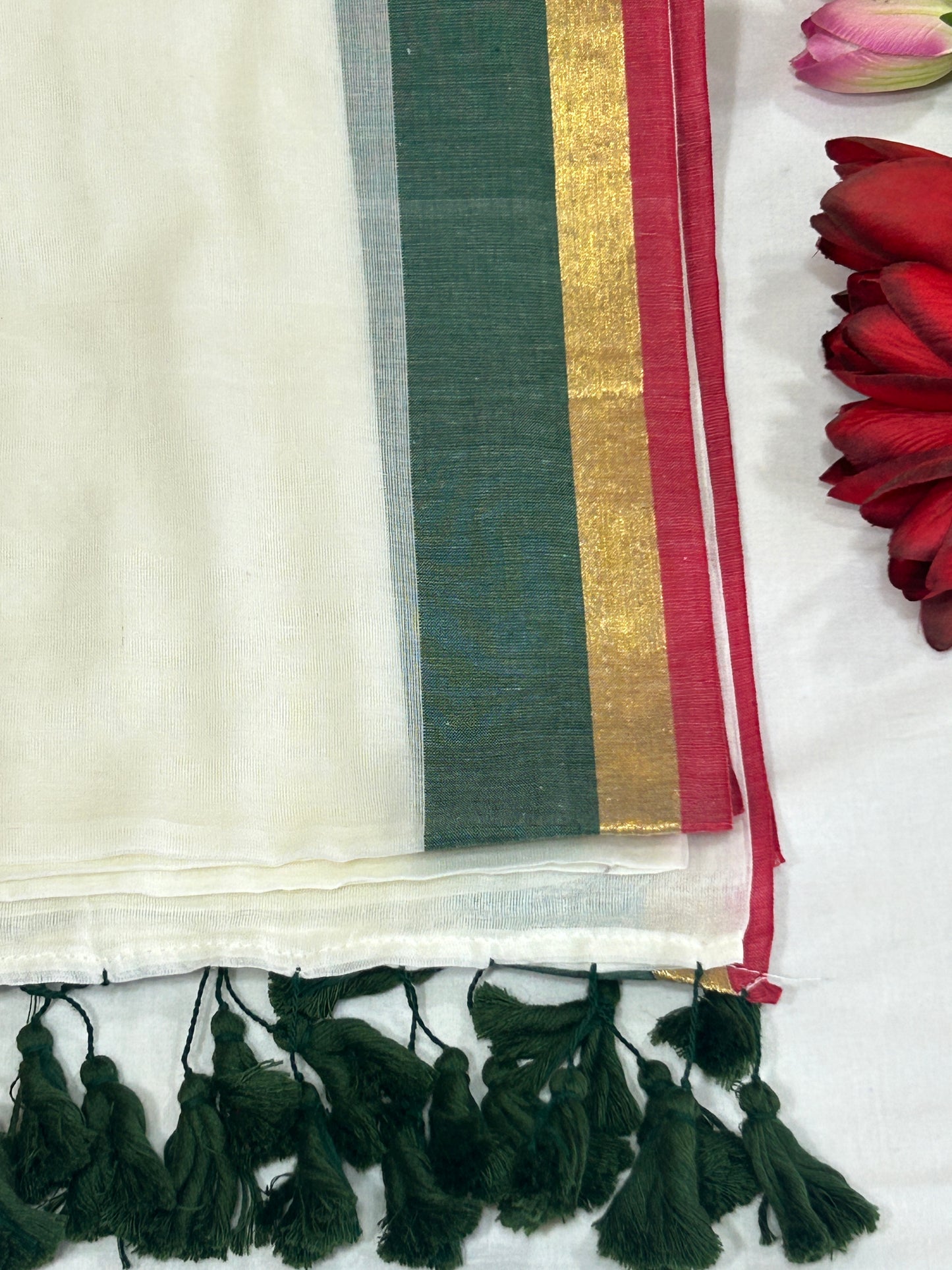 Creamish white Mulcotton saree with green, Golden and red stripes border SMC 232
