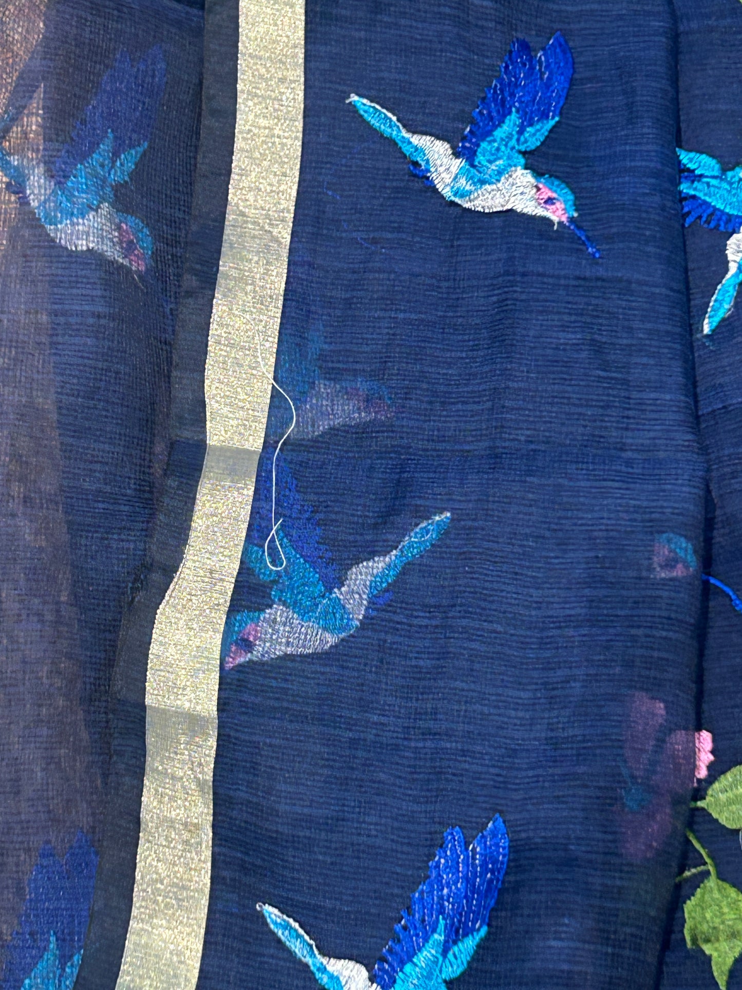 Navy Blue Floral & Hummingbird Embroidered Mixed-Cotton Kota Doria Unstitched Suit Set