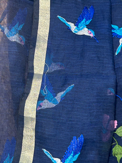 Navy Blue Floral & Hummingbird Embroidered Mixed-Cotton Kota Doria Unstitched Suit Set