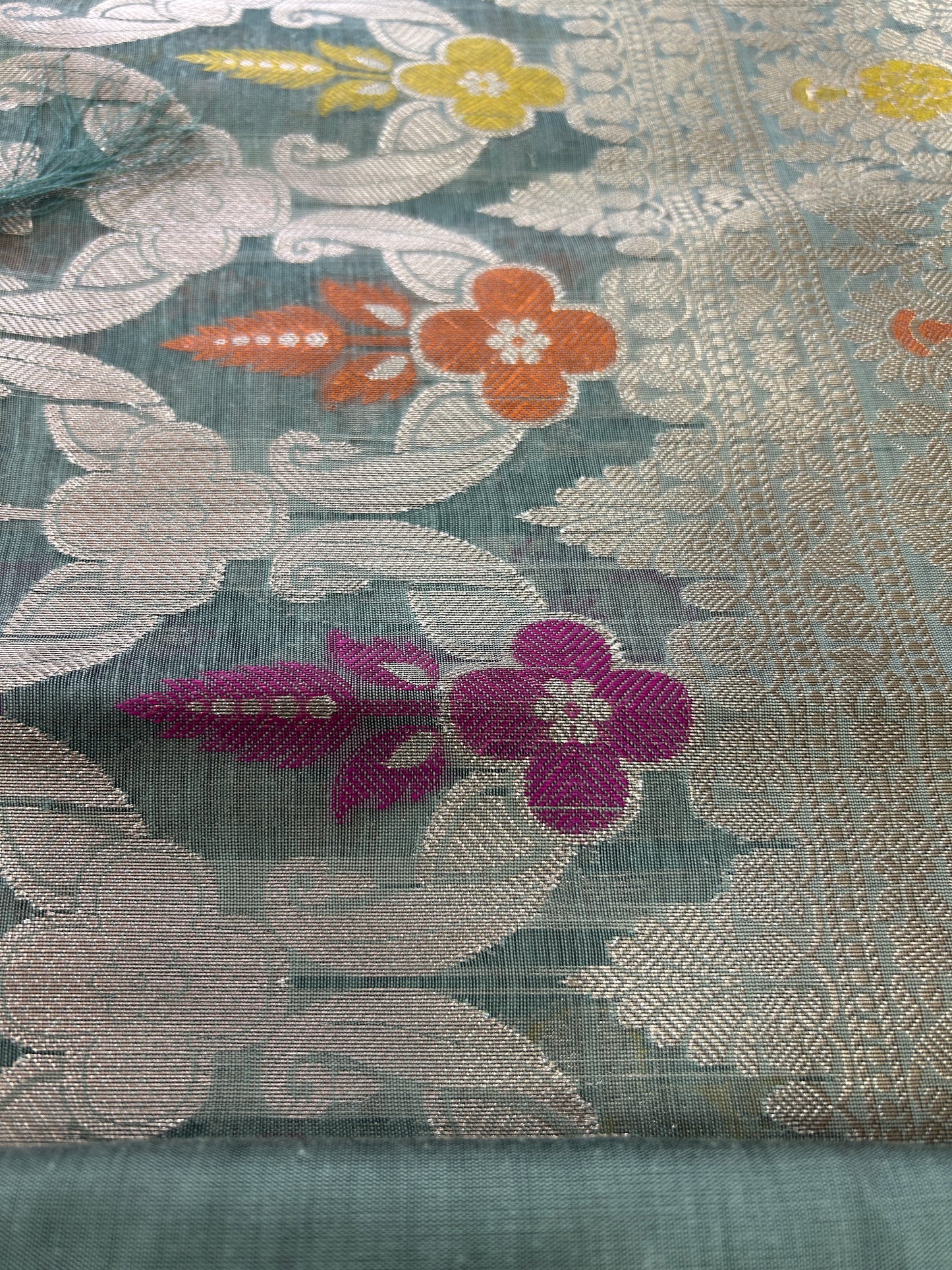 Dusty Teal Cotton double Zari  Banarasi 3 piece set