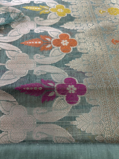 Dusty Teal Cotton double Zari  Banarasi 3 piece set