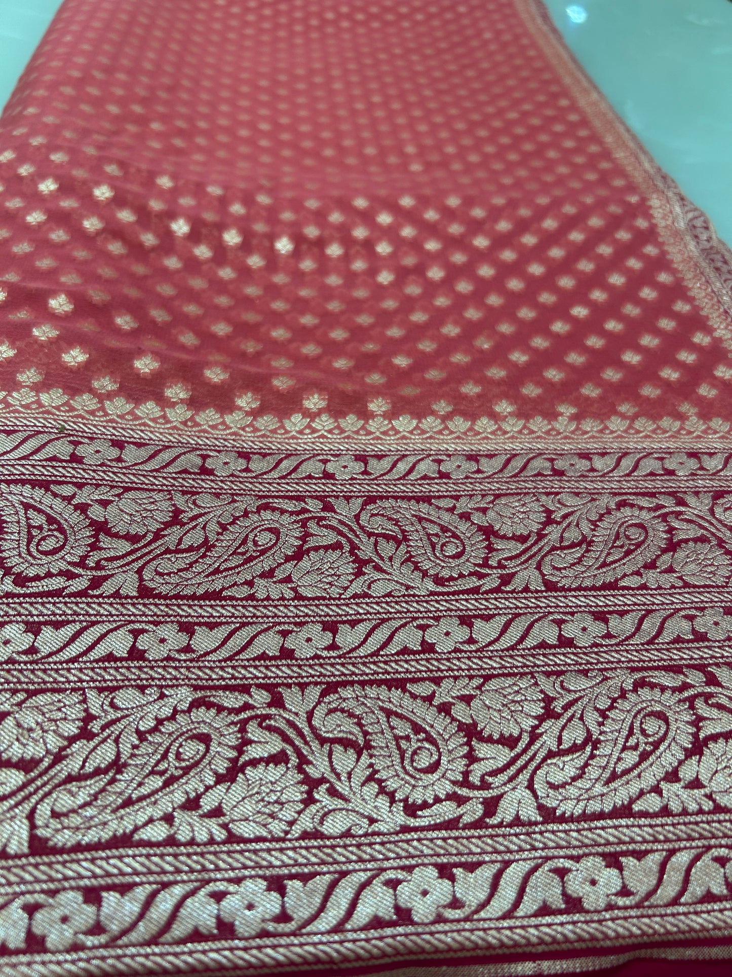 Dusty Peach color handloom Khaddi Georgette Banarasi Saree with Contrast Magenta Blouse