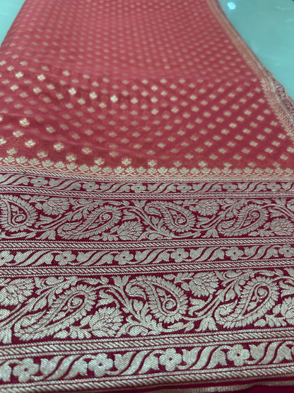 Dusty Peach color handloom Khaddi Georgette Banarasi Saree with Contrast Magenta Blouse