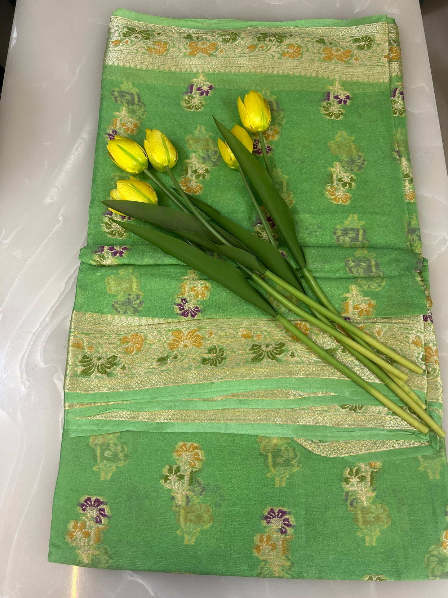 Authentic Handloom Pure Khaddi Georgette Banarasi Saree – Mint Green with Meenakari Weaving