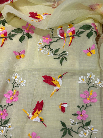 Lime yellow Embroidered Mix Cotton Kota Doria 3-Piece Dress Material
