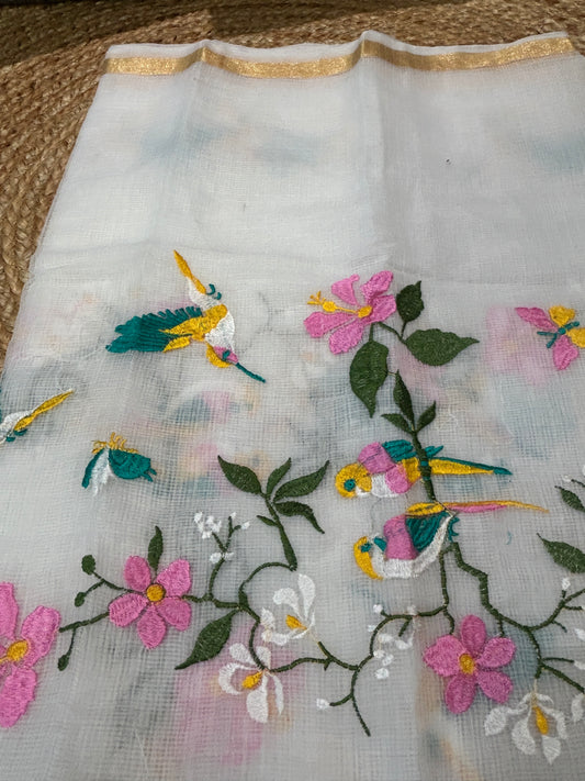 White Embroidered Kota Doria 3-Piece Dress Material