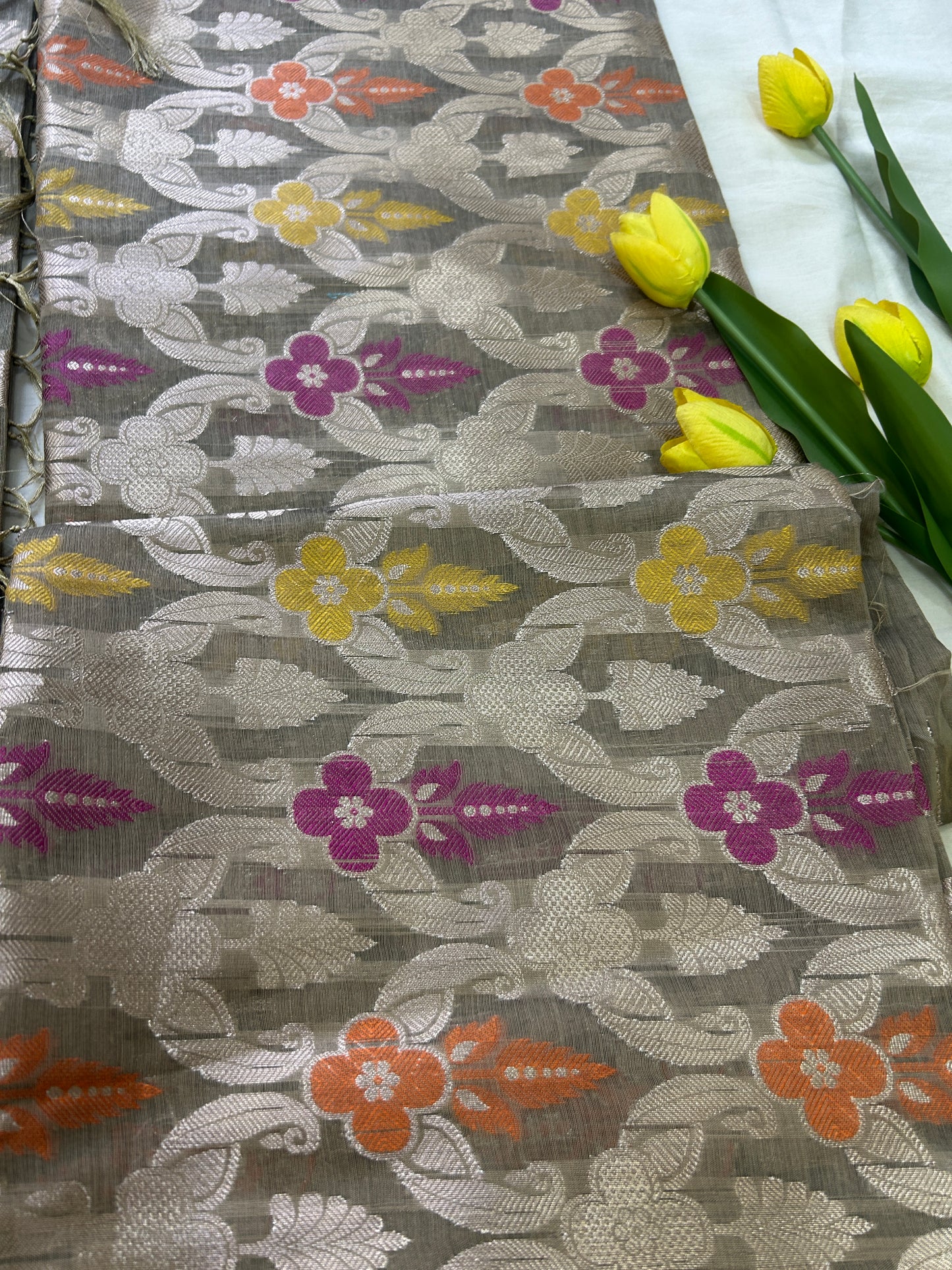 Dusty Grey Cotton double Zari Banarasi 3 piece set