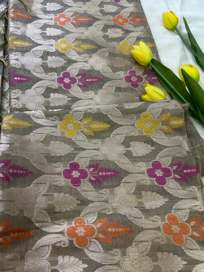 Dusty Grey Cotton double Zari Banarasi 3 piece set