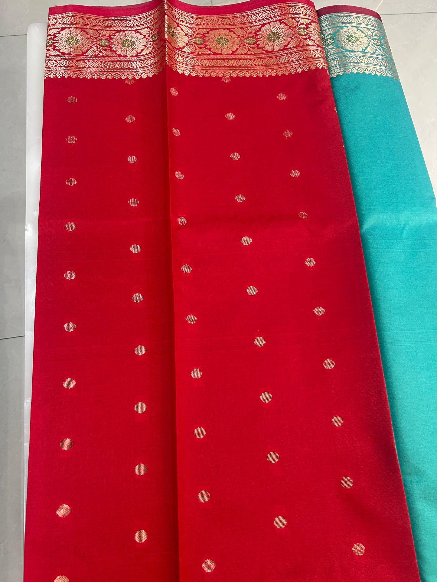 Teal Green Katan Semi Silk Banarasi Saree with Contrast Red Brocade Pallu and Blouse Piece SSB224