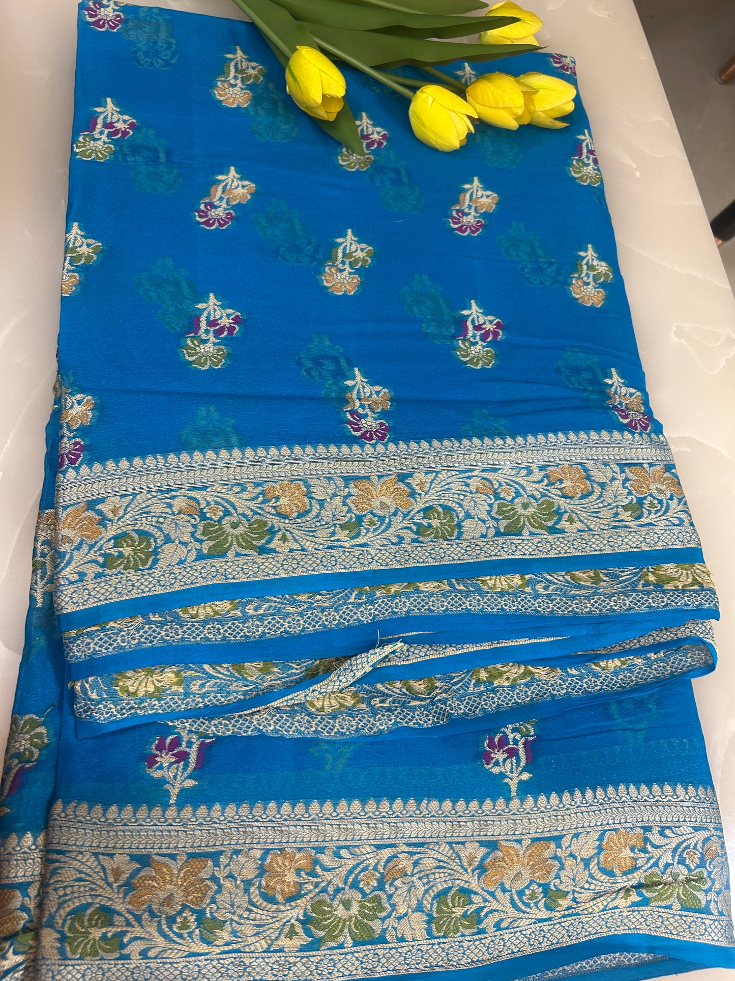 Authentic Handloom Pure Khaddi Georgette Banarasi Saree – Royal Blue with Meenakari Weaving