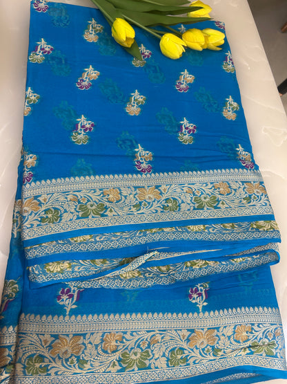Authentic Handloom Pure Khaddi Georgette Banarasi Saree – Royal Blue with Meenakari Weaving
