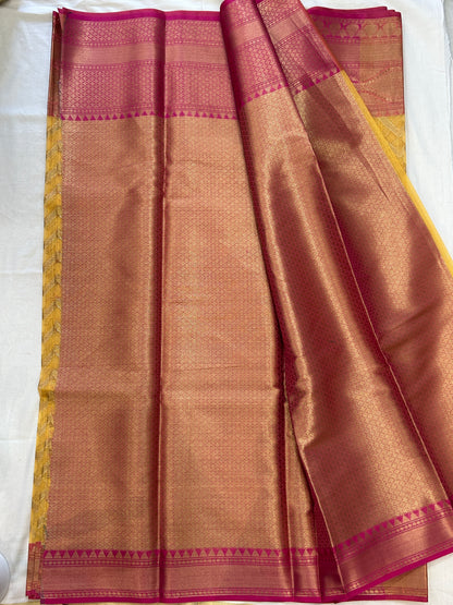 Mustard Yellow with Rani Pink border with Antique Gold Zari Linen Tissue Banarasi saree with Brocade blouse piece