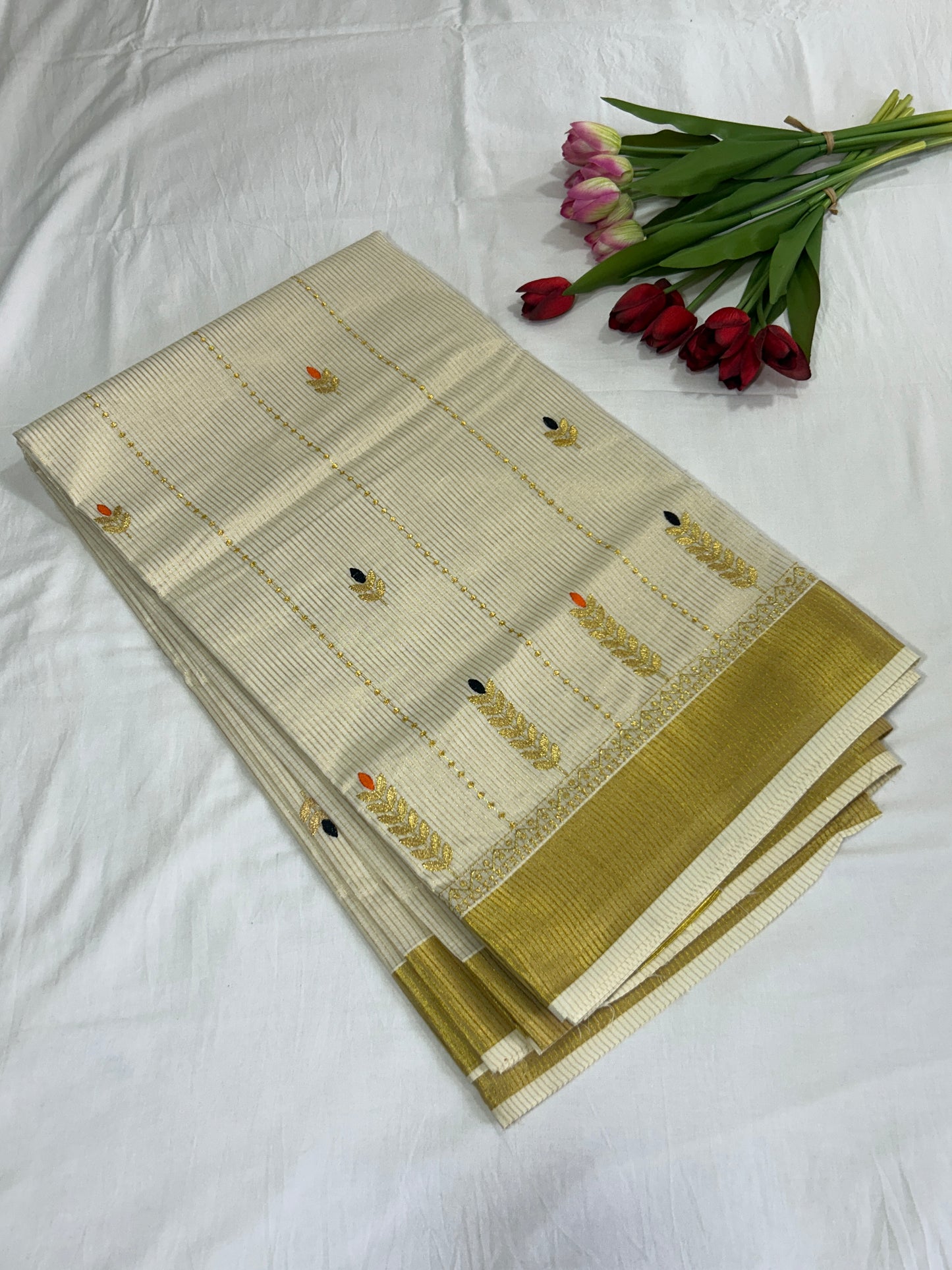 Kerala cotton saree with golden stripes all through the body with kasavu pallu  SMC238
