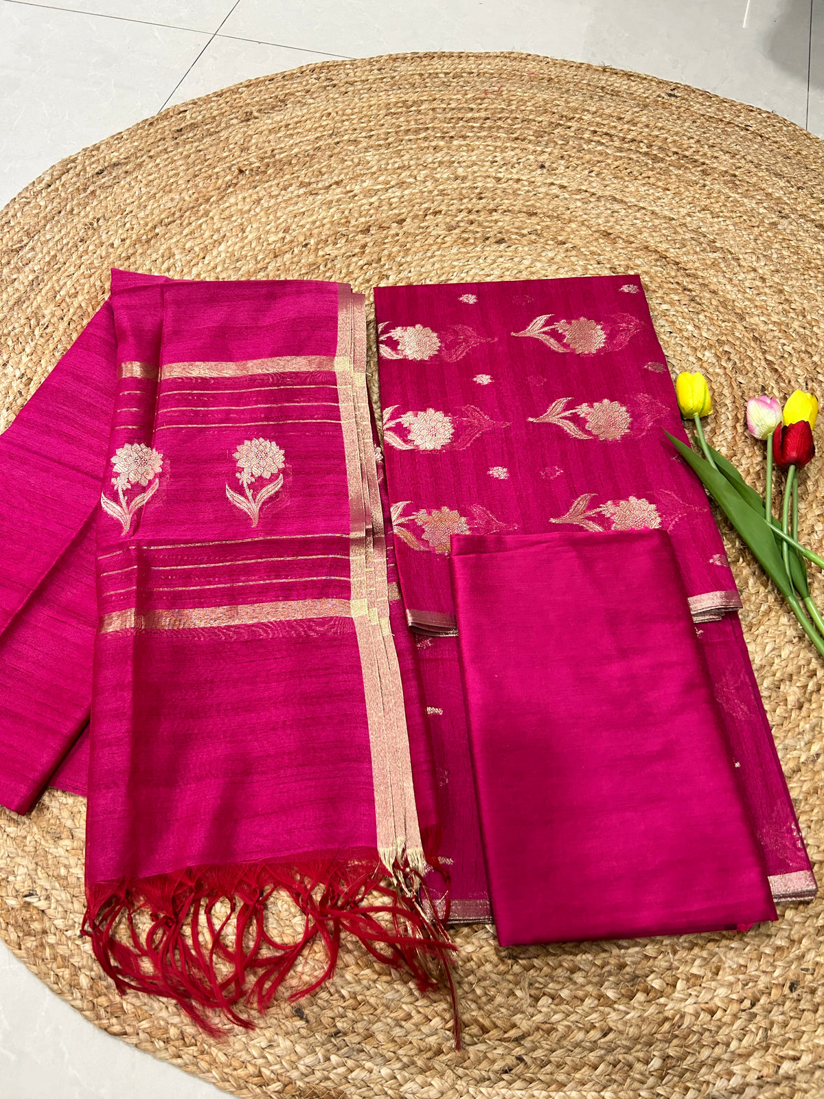 Magenta Pink Chandheri  cotton Banarasi 3-Piece Suit Material