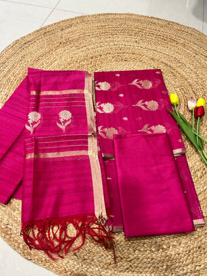 Magenta Pink Chandheri  cotton Banarasi 3-Piece Suit Material