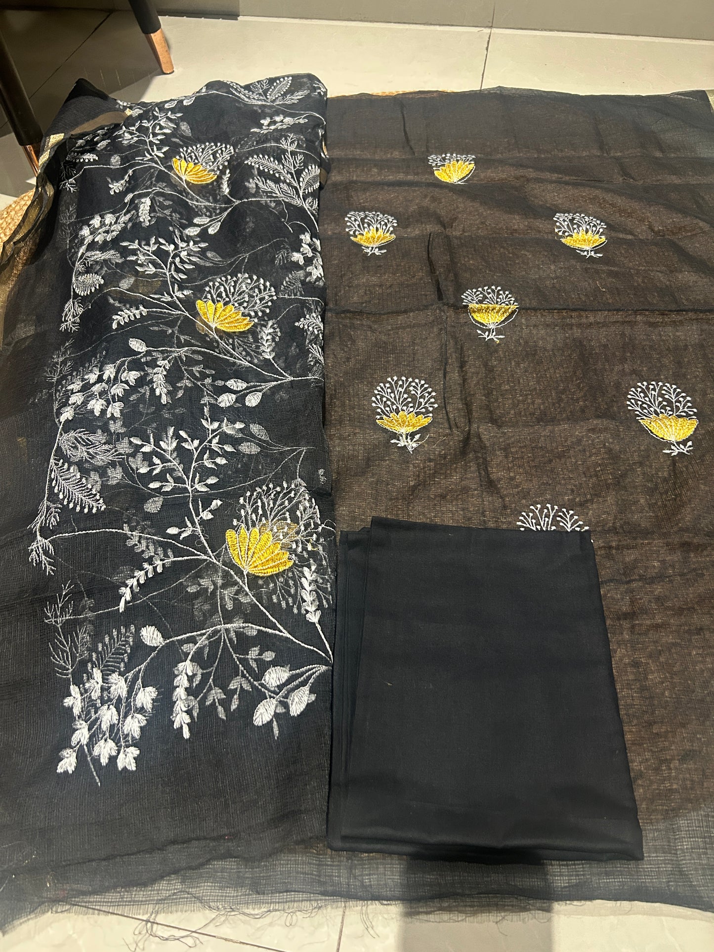 Black Floral Embroidered Mix Cotton 3-Piece Unstitched Suit Set