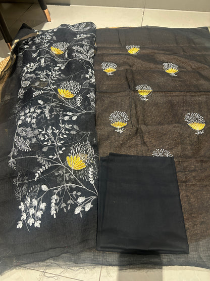 Black Floral Embroidered Mix Cotton 3-Piece Unstitched Suit Set