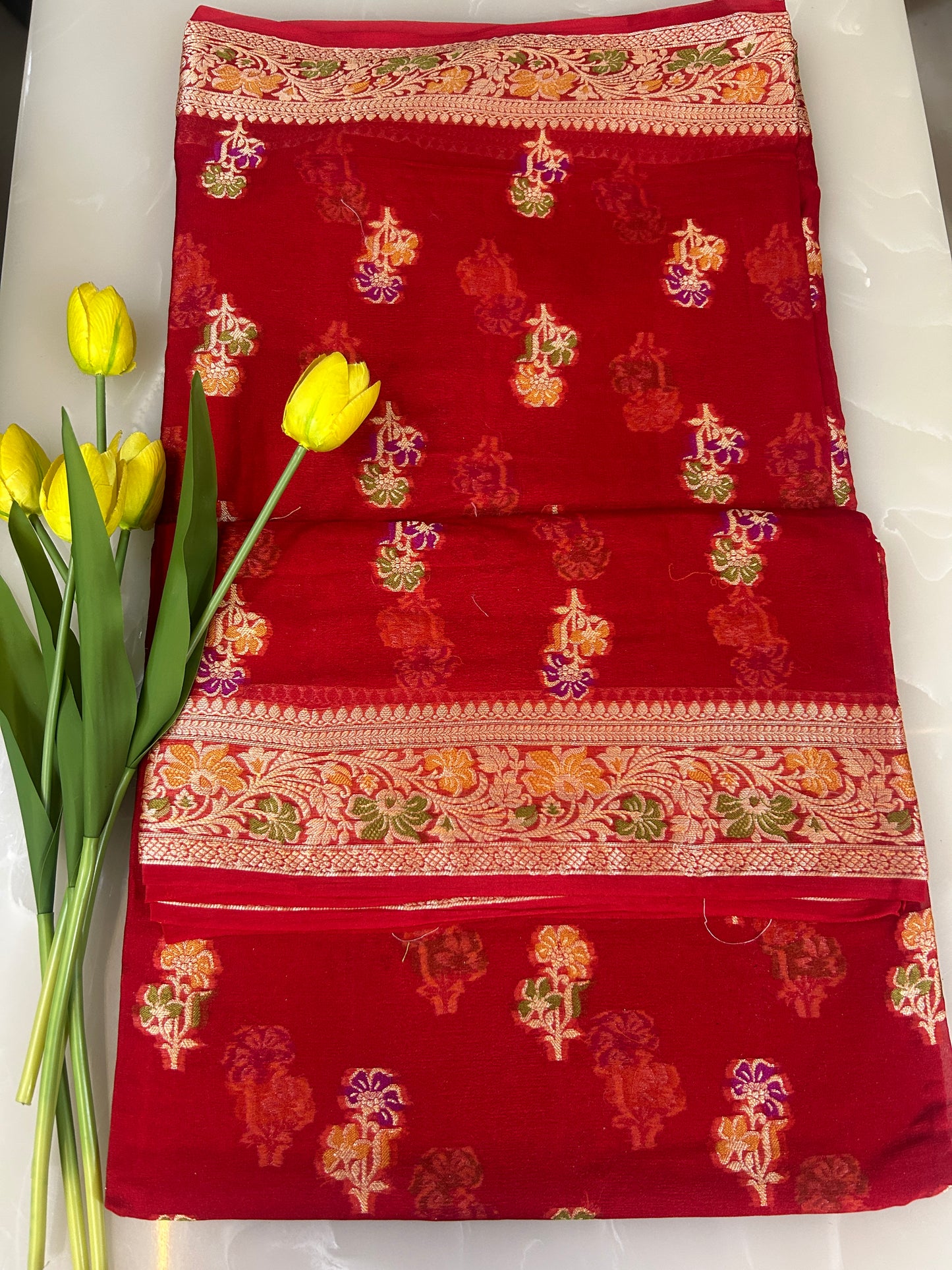 Authentic Handloom Pure Khaddi Georgette Banarasi Saree – Ruby Red with Meenakari Weaving