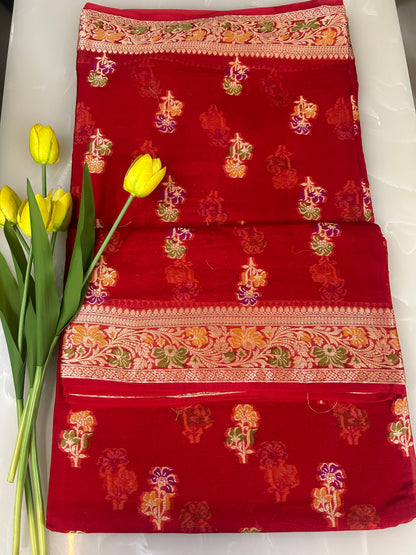 Authentic Handloom Pure Khaddi Georgette Banarasi Saree – Ruby Red with Meenakari Weaving