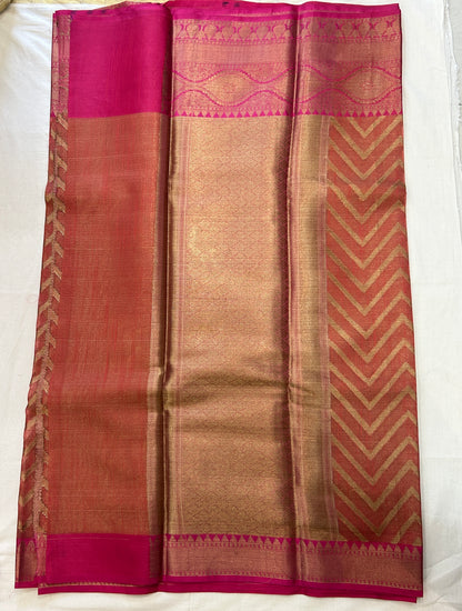 Burnt Orange with Rani Pink border with Antique Gold Zari Linen Tissue Banarasi saree with Brocade blouse piece